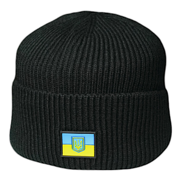 Black Fleece-Lined Knit Hat with Ukrainian Flag and Trident Emblem
