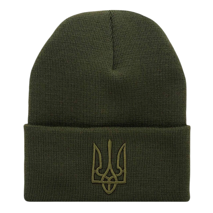 Embroidered Trident Beanie in Olive Green